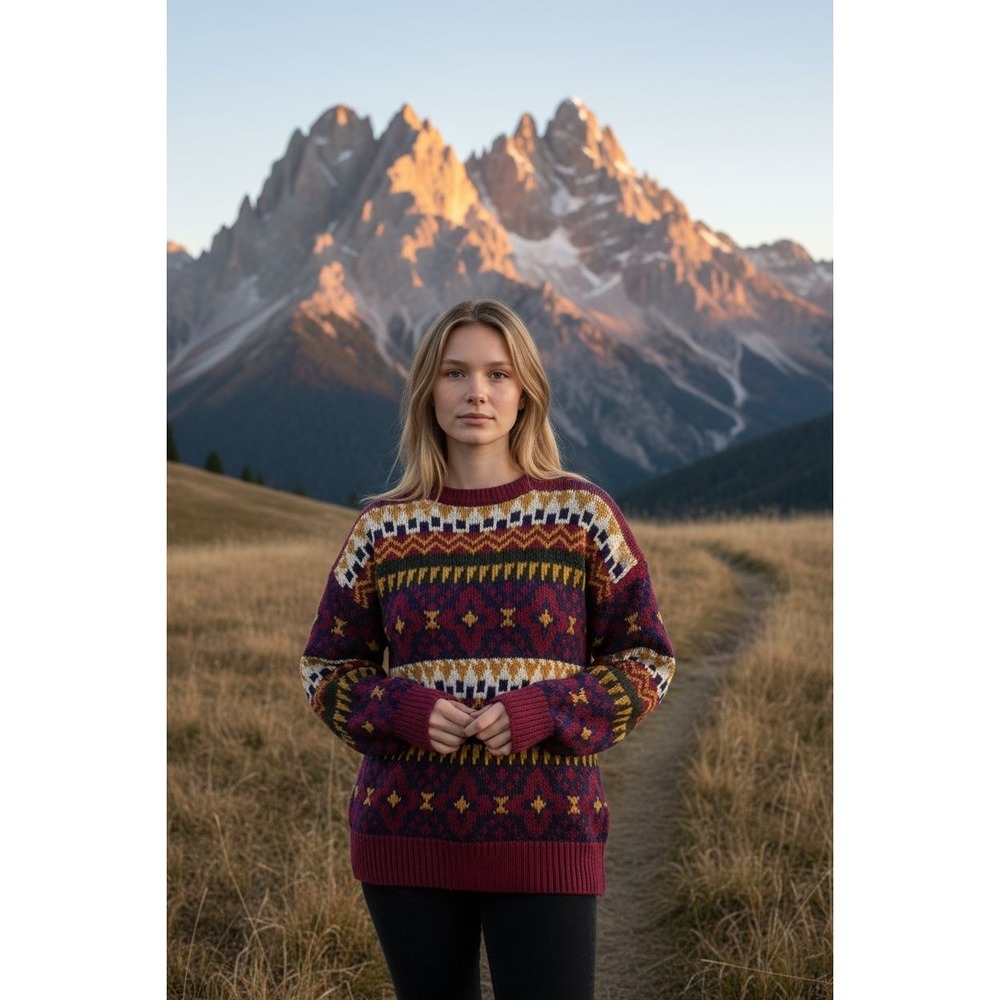 Vintage Fair Isle Crew Neck‎ Knit Sweater Pullover Patterned Women's (A7)